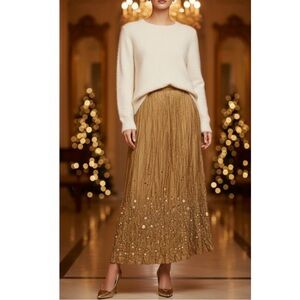 Vintage Silk Maxi Skirt –Golden Mustard, Crinkled, Bead & Sequin-Embellished-New